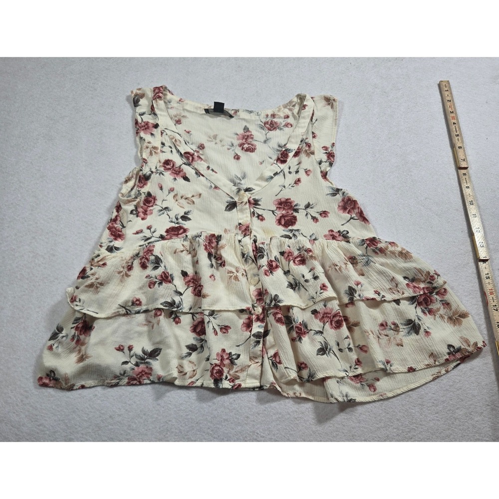American Eagle Floral Babydoll Top Small Cream Y2K Cottagecore Tiered Ruffles